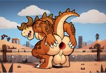 anthro anus balls bara barazoku bent_over big_balls big_butt big_penis butt claws crouching desert erection fallout gaping gaping_anus genitals horn male muscular muscular_anthro muscular_male paper_mario_style penis perineum raised_tail rear_view sharp_teeth sky solo spikes teeth wasteland rulethony34tano_(director) deathclaw monster reptile scalie tail