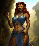 abs anthro auburn_hair bottomwear breasts claws cleavage clothed clothing felid female green_eyes leopard lion loincloth looking_at_viewer mammal muscular muscular_female pantherine solo tahlia_(director)