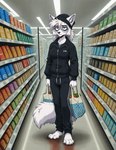 anthro bag barefoot blue_eyes clothing eyewear feet female fur glasses hair jacket solo supermarket tired_eyes topwear white_body white_fur white_hair doomer_fox arctic_fox canid canine fox mammal hi_res