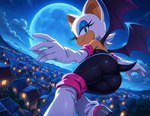 anthro breasts building butt clothing cloud detailed_background eyeshadow female flying full_moon fur looking_at_viewer looking_back looking_back_at_viewer makeup moon night open_mouth open_smile smile smiling_at_viewer sonic_the_hedgehog_(series) tan_body tan_skin white_body white_fur wings oreana2102 rouge_the_bat chiropteran mammal