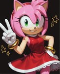 5_fingers accessory anthro bracelet breasts clothing female fingers gesture gloves green_eyes hair hair_accessory handwear jewelry pink_body pink_hair pink_skin pose simple_background smile smiling_at_viewer solo tan_body tan_skin two-tone_body v_sign anonymous_director sonic_the_hedgehog_(series) amy_rose eulipotyphlan hedgehog mammal hi_res