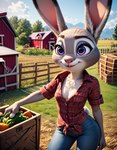 anthro bottomwear box breasts carrot cleavage clothed clothing cloudscape container denim denim_clothing disney ears_up farm farm_girl female fence food fully_clothed jeans looking_at_viewer looking_back looking_back_at_viewer mountain_range pants plant realistic realistic_fur realistic_lighting shed sky small_breasts smile solo tree vegetable corgiboom zootopia judy_hopps lagomorph leporid mammal rabbit