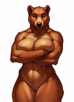 abs anthro arm_under_breasts bedroom_eyes biceps big_breasts black_nose breast_squish breasts brown_body brown_eyes brown_fur cleavage clothed clothing confident covering covering_breasts crossed_arms curvy_figure female front_view fur genitals holding_breast looking_at_viewer muscular muscular_anthro muscular_female muscular_thighs narrowed_eyes navel nude nude_female pussy seductive simple_background smile solo squish standing thick_neck thick_thighs tuft white_background wide_hips anonymous_director brown_bear mammal ursid ursine hi_res portrait three-quarter_portrait