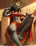 abs anthro athletic athletic_female breasts chair clothed clothing egyptian egyptian_headdress evil_grin eyeshadow female furniture hair long_hair looking_at_viewer low-angle_view makeup navel sitting sitting_on_throne smile solo teeth throne wizardeus mirage_(disney) felid feline felis mammal absurd_res hi_res huge_filesize