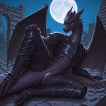 armor bodily_fluids cum cum_in_pussy cum_inside female genital_fluids genitals looking_at_viewer moon mythology nude presenting pussy scales smile solo wings dutofujamee dragon mythological_creature mythological_scalie scalie hi_res