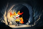 anthro ascot being_watched cave clothed clothing female fire fur looking_at_another orange_body orange_fur scarf solo torch stressedout nintendo pokemon braixen generation_6_pokemon pokemon_(species)