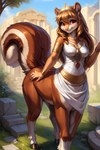 2023 2:3 artfulasylum bottomless bottomless_female bottomless_taur breasts brielle brown_body brown_eyes brown_fur clothed clothing cloud dress equid eyebrows eyelashes female female_taur fur gem grass hair hand_on_hip hi_res hooves inner_ear_fluff jewelry looking_at_viewer mammal multicolored_body multicolored_fur orange_hair outside pink_nose plant quadruped raised_tail rodent ruins sciurid sky smile solo standing tan_body tan_fur taur tree_squirrel tree_squirrel_taur tuft unguligrade white_clothing white_dress