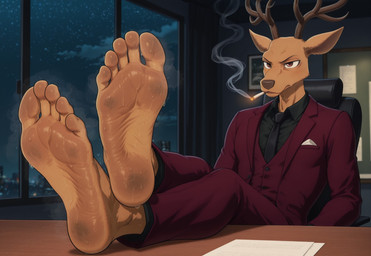 5_toes antlers bodily_fluids clothing dirty_feet feet foot_fetish foot_focus horn male necktie night smoke smoking solo suit sweat sweaty_feet toes takeshi beastars louis_(beastars) cervid cervine mammal red_deer hi_res
