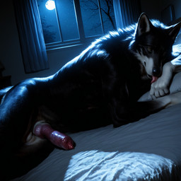 animal_genitalia anthro balls bed black_body black_fur brown_eyes canine_ears canine_genitalia canine_nose curtains curtains_open ears_up erection fluffy full_moon fur furniture genitals knot licking light looking_at_viewer lying_on_side male moon moonlight neck_tuft night penis pillow realistic realistic_lighting solo tongue tongue_out tuft vein veiny_penis window atherionrave canid canine canis mammal werecanid werecanine werecreature wolf hi_res