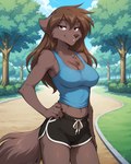 anthro big_breasts breasts brown_body brown_eyes brown_fur brown_hair chest_tuft cleavage clothed clothing cloud dolphin_shorts female fur grass grey_eyes hair half-closed_eyes hand_on_hip heterochromia midriff narrowed_eyes outside park plant prompt shirt sky smile solo standing tank_top topwear tree tuft anontk twokinds natani canid canine canis mammal wolf 2025 hi_res portrait three-quarter_portrait