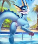 3_fingers 3_toes animal_genitalia anus aroused artifice781 barefoot begging belly big_tail black_nose black_sclera blue_body blue_eyes blue_skin blush butt cetacean_genitalia claws clitoris day detailed_background digitigrade eeveelution fangs feet female feral fin finger_claws fingers generation_1_pokemon genitals glistening hands hi_res hiked_leg hindpaw inviting light light_beam long_tail looking_at_viewer looking_back looking_back_at_viewer navel nintendo nude on_one_leg outside partially_submerged pawpads paws perineum pink_anus pink_pawpads pink_pussy pink_tongue pokemon pokemon_(species) presenting presenting_anus presenting_pussy public public_pool pussy quadruped raised_leg raised_tail rear_view seductive shaded silhouette slit smile solo spread_legs spreading standing sunbeam sunlight swimming_pool tail_anus teeth toe_claws toes tongue urethra vaporeon water wet wet_body