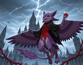 3_toes 4_ears 4_fingers ambiguous_gender anthro cape castle claws clothing cloud fangs feathers feet fingers flying glass light low-angle_view multi_ear outside paws purple_body purple_feathers raining smile solo teeth toes anonymous_director ambient_bat avali vampire hi_res lighting