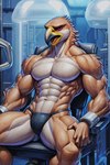 abs after_transformation anthro athletic beak biceps bodily_fluids bound breath clothing cuff_(restraint) deltoids feathers growth laboratory male muscle_growth muscular muscular_anthro muscular_male pain panties panting pecs restraints science serratus solo sweat test_subject trapezius triceps underwear birdovo falcon_steve_(birdovo) avian bird falcon falconid absurd_res hi_res