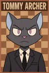 anthro border business_suit checkered_background clothing fur glare grey_body grey_fur looking_at_viewer male necktie pattern_background pink_eyes poster simple_background solo suit jade~frost tommy_archer domestic_cat felid feline felis mammal 2025 digital_media_(artwork) hi_res