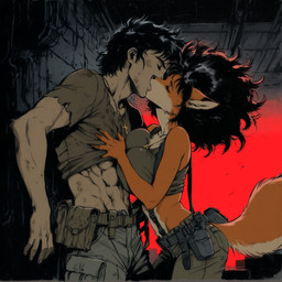abs anthro big_hair bottomwear cargo_pants clothing dominant dominant_female duo female hair kissing male male/female pants retro shirt suspenders tank_top tool_belt topwear arantonak canid canine fox humanoid mammal hi_res