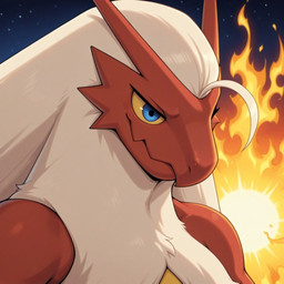 ambiguous_gender anthro beak blue_eyes eyelashes feathers fire red_body red_feathers smile solo white_body white_feathers yellow_sclera jtizzle1989 nintendo pokemon blaziken generation_3_pokemon pokemon_(species) headshot_portrait portrait