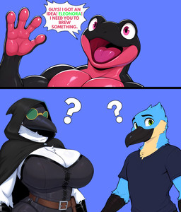 4_fingers animal_mask anthro beak beak_mask belt black_body blue_body blue_feathers breasts busty cape clothed clothing covered_eyes curvy_figure feathers female fingers green_eyes group hood male mask open_mouth pink_body pink_eyes question_mark scuted_arms scutes shirt speech_bubble t-shirt tan_body tan_feathers text tongue topwear trio voluptuous white_body white_feathers luuklook eleonora_(luuklook) gyo_(luuklook) luuklook_(kingfisher_form) amphibian avian bird coraciiform frog kingfisher absurd_res comic english_text hi_res