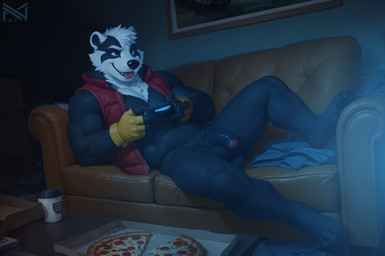 4_fingers abs anthro balls black_body black_fur black_nose bottomless clothed clothing controller detailed_background discarded_clothing fingerless_gloves fingers flaccid foreskin fur furniture game_controller gaming genitals gloves hair handwear holding_object humanoid_genitalia humanoid_penis inside light male multicolored_body multicolored_fur muscular muscular_anthro muscular_male navel nude on_sofa penis playing_videogame sitting sitting_on_sofa smile sofa solo tongue tongue_out topwear tuft two_tone_body two_tone_fur vest white_body white_fur notte bradley_the_badger badger mammal mustelid musteline absurd_res detailed hi_res lighting shaded soft_shading