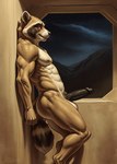 aiaicaptain anthro balls black_nose black_penis body_hair brown_body brown_fur chest_tuft claws digitigrade erection facial_markings fur genitals happy_trail head_markings hi_res humanoid_genitalia humanoid_penis inside leaning leaning_back leaning_on_wall looking_at_viewer male mammal markings multicolored_body multicolored_fur muscular muscular_male navel nipples nude penis procyonid raccoon red_eyes rocket_raccoon side_eye side_view smile smirk solo space spacecraft_interior standing tuft whiskers window