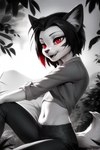 anthro black_hair clothing domestic_cat felid feline felis female fur hair kiyoka mammal monochrome open_mouth red_eyes smile solo verloren white_body white_fur