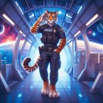 5_fingers alien_planet anthro ballistic_vest belt black_stripes blue_eyes clothing duty_belt felid fingers fur male mammal markings meteor_shower nikkolaus orange_body orange_fur pantherine paws planet police police_badge police_uniform raised_paw solo space space_station spacecraft spacecraft_interior striped_body striped_fur striped_markings striped_tail stripes tail_markings tiger topwear uniform vehicle vest