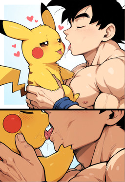 anthro bodily_fluids crossover duo french_kissing interspecies kissing male male/male muscular muscular_male pokephilia saliva saliva_string semi-anthro anonymous_director dragon_ball nintendo pokemon goku generation_1_pokemon human mammal pikachu pokemon_(species) hi_res