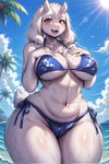 anthro beach_background big_breasts bikini blue_bikini blue_clothing blue_swimwear breasts clothing female fur hand_on_breast horn long_ears mature_female red_eyes scut_tail short_tail smile smiling_at_viewer solo swimwear thick_thighs white_body white_fur wide_hips renjirox_(director) undertale_(series) toriel boss_monster bovid caprine goat mammal hi_res