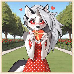 <3 anthro big_eyes blushing_at_viewer breasts cleavage clothed clothing dress female fur happy holding_gift holding_object looking_at_viewer park shy slim solo standing sunny cellz55 hellaverse helluva_boss valentine's_day loona_(helluva_boss) canid canid_demon demon hellhound mammal hi_res