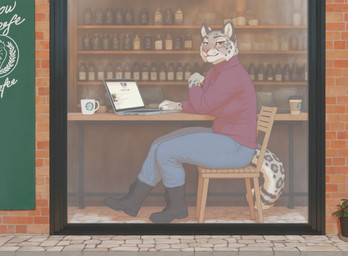 bar beverage big_breasts biped black_clothing black_footwear blue_bottomwear blue_clothing blush boots bottomwear breasts brick_wall chair clothed clothing coffee computer container cup denim denim_bottomwear denim_clothing detailed_background electronics female footwear fully_clothed fur furniture grey_body grey_fur inside jeans laptop looking_at_viewer markings pants pink_nose plant public shirt sitting smile solo spots spotted_body spotted_fur sweater table tail tail_markings topwear wall_(structure) white_body white_fur window otteranon 4chan felid mammal pantherine snow_leopard hi_res