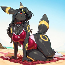 anthro beach bell clothing collar female seaside solo swimwear nintendo pokemon eeveelution generation_2_pokemon pokemon_(species) umbreon