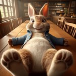 feet foot_focus furniture happy lagomorph laying leporid male mammal peter_rabbit rabbit semi-anthro solo table