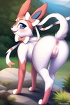 1:1 2023 absurd_res anus attempted_signature bedroom_eyes blush bodily_fluids butt detailed detailed_background drummer eeveelution female feral fur generation_6_pokemon genital_fluids genitals hi_res looking_at_viewer looking_back looking_back_at_viewer mammal narrowed_eyes open_mouth outside pokemon pokemon_(species) presenting presenting_hindquarters presenting_pussy pussy raised_tail rear_view seductive smile solo sylveon video_games white_body white_fur