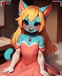 anthro black_pupils blond_hair blue_body blue_fur camera_view clothing domestic_cat dress felid feline felis fur gumball gynomorph intersex male mammal overlord_69 pink_clothing pink_dress princess pupils red_eyes royalty solo the_amazing_world_of_gumball