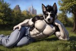 abs anthro areola askiewarg bedroom_eyes black_hair border_collie canid canine canis collie domestic_dog hair herding_dog hyper_realistic_ai male mammal muscular muscular_male narrowed_eyes nipples pastoral_dog pecs pinup pose seductive sheepdog sky solo veiny_arm