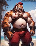 anthro beach belly biceps blood blue_eyes bodily_fluids bottomwear bulge clothed clothing fabric fingers front_view gloves hair handwear male metal muscular muscular_anthro muscular_arms muscular_legs muscular_male navel nipples nose pants pirate plant red_hair seaside solo stand standing straps tattoo mugen_kuuhakuai felid mammal pantherine tiger tail attempted_signature hi_res watermark