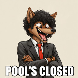 afro_hair anthro black_suit brown_body brown_fur clock crossed_arms fur laughing male necktie red_necktie simple_background solo text watch white_background thedavid canid canine canis mammal wolf english_text hi_res impact_(font) meme