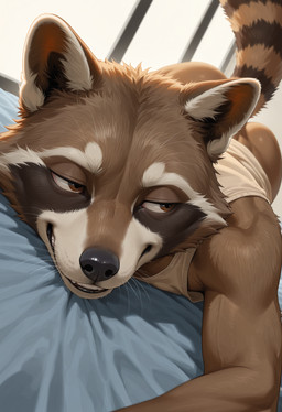 anthro bed brown_body brown_eyes brown_fur butt cheek_tuft close-up clothed clothing facial_tuft fluffy_ears fur furniture half-closed_eyes looking_away lying male markings narrowed_eyes on_front pantsless partially_clothed shirt smile solo striped_markings striped_tail stripes tail_markings tank_top teeth topwear tuft whisker_spots whiskers ratori rocket_raccoon mammal procyonid raccoon hi_res