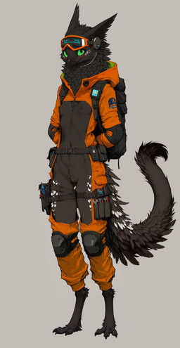 3_toes anthro beak belt belt_pouch black_body black_fur blush breasts claws clothing crotch_tuft cutout elbow_pads eyewear eyewear_on_head feathers featureless_breasts featureless_crotch feet female fluffy fur futuristic goggles goggles_on_head green_sclera hands_behind_back headphones hood_down jumpsuit knee_pads long_tail looking_at_viewer neck_tuft partially-clothed slim small_breasts solo spots standing thigh_gap toes tool_belt tuft oldhroft shadow_(oldhroft) avian velari absurd_res hi_res