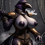 anthro armor beak big_breasts black_beak black_body bottomwear breasts chain clothed clothing female grey_background holding_object multicolored_body nipples non-mammal_nipples pants pornpen.ai red_eyes simple_background smoke solo steampunk cow_of_fire avian bird corvid corvus_(genus) crow oscine passerine 1:1