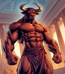 2024 2_horns 7:8 abs anthro backlighting biceps big_abs big_biceps big_deltoids big_forearm_muscles big_muscles big_pecs big_quads big_trapezius big_triceps biped bottomwear bovid bovid_horn bovine bovine_horn broad_shoulders brown_body brown_bottomwear brown_clothing brown_ears brown_facial_hair brown_goatee brown_hair brown_loincloth brown_nipples brown_skin bull_horn cattle ceiling clothed clothing column dall-e_3 day deltoids detailed detailed_background digital_drawing_(artwork) digital_media_(artwork) ears_aside empty_eyes facial_hair forearm_muscles glistening glistening_horn goatee greek hair hatching_(art) head_horn hi_res horn humanoid_hands light lighting loincloth loincloth_only looking_at_viewer low-angle_view male mammal manly minotaur monotone_body monotone_hair monotone_skin muscular muscular_anthro muscular_arms muscular_legs muscular_male muscular_thighs nipples obliques pecs portrait quads serratus shaded short_hair smooth_horn solo sunlight temple thick_neck three-quarter_portrait topless topless_anthro topless_male trapezius triceps vein veiny_muscles zenithwolf