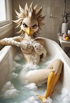 anthro bathing bathroom bathtub beak bird_feet bottle breasts chest_tuft covering covering_breasts crossed_legs eyelashes feathers female frown frown_eyebrows hair hand_on_breast inside looking_at_viewer lying medium_breasts non-mammal_breasts nude pipe slim_female small_waist solo spiky_hair suds tan_body tan_feathers tan_hair tile tile_wall tuft wall_(structure) water wet wet_body wet_feathers window yellow_beak yellow_eyes rune_parrot kaiko_(kykywka999) avian bird cuculiform guira_cuckoo full-length_portrait hi_res portrait