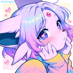 <3 <3_eyes ambiguous_gender anthro blue_body blue_fur blush claws clothed clothing fur gradient_hair hair looking_at_viewer open_mouth pink_body pink_fur pink_hair purple_eyes purple_hair short_hair simple_background solo sweater topwear upper_body kaltingale_(director) nintendo pokemon eeveelution espeon generation_2_pokemon pokemon_(species) hi_res portrait watermark