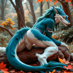 anthro blue_body blue_fur blurred_background butt featureless_crotch fingers forest forest_background fur looking_at_viewer looking_back looking_back_at_viewer male nature nature_background nude plant realistic smile solo tail tree white_body white_fur wolfs-chaser sergal