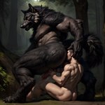 anal anthro backsack balls black_body black_fur bodily_fluids butt detailed_fur drooling duo face_in_ass forced fur genitals head_grab human_on_anthro interspecies male male/male muscular nipples nude oral outdoors penis reach_around rimming saliva sex size_difference snarling woods taji_(director) canid canine canis human mammal were werecanid werecanine werewolf wolf detailed hi_res