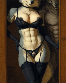 abs animal_genitalia animal_pussy anthro armwear black_nipples canine_genitalia canine_pussy clothing doorway duo elbow_gloves female genitals gloves handwear head_out_of_frame lace lace_bra lace_panties legwear lingerie male male/female muscular nipples pussy stockings thigh_highs arantonak canid canine canis mammal wolf hi_res