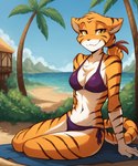 anthro beach bikini biped breasts chest_tuft cleavage clothed clothing countershading detailed_background female fur hair looking_at_viewer markings midriff multicolored_body multicolored_fur navel orange_body orange_fur outside palm_tree plant ponytail sand sea seaside sitting skimpy sky smile solo striped_body striped_fur stripes swimwear towel tree tuft water white_body yellow_eyes anontk twokinds therie_sah-van felid keidran mammal pantherine tiger hi_res