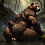 anthro anus balls bara big_butt brown_bear brown_body brown_fur butt detailed detailed_fur forest fur genitals grizzly_bear hi_res looking_at_viewer looking_back male mammal muscular nude partially_submerged plant presenting presenting_anus presenting_hindquarters solo solo_focus taji_(director) thick_thighs tree ursid ursine