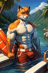 anthro blush bottomwear bulge clothing fur furry_body hair lifeguard male muscular orange_body orange_fur pinup pose red_clothing short_hair shorts solo standing standing_in_water thick_thighs water white_body white_fur mattjack799 meowscles animal_humanoid domestic_cat felid felid_humanoid feline feline_humanoid felis humanoid mammal mammal_humanoid absurd_res attempted_signature cool_colors hi_res