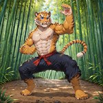 abs anthro bamboo bamboo_forest bodily_fluids clothed clothing forest male muscular nipples partially_clothed plant solo sweat training tree cowfurmania felid mammal pantherine tiger absurd_res hi_res