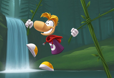 clothed clothing detailed_background floating_hands footwear forest forest_background hair hoodie male nature nature_background not_furry outside plant river shoes smile sneakers solo swinging topwear tree vines water waterfall white_body boxen549 rayman_(series) ubisoft rayman humanoid raypeople_(rayman)